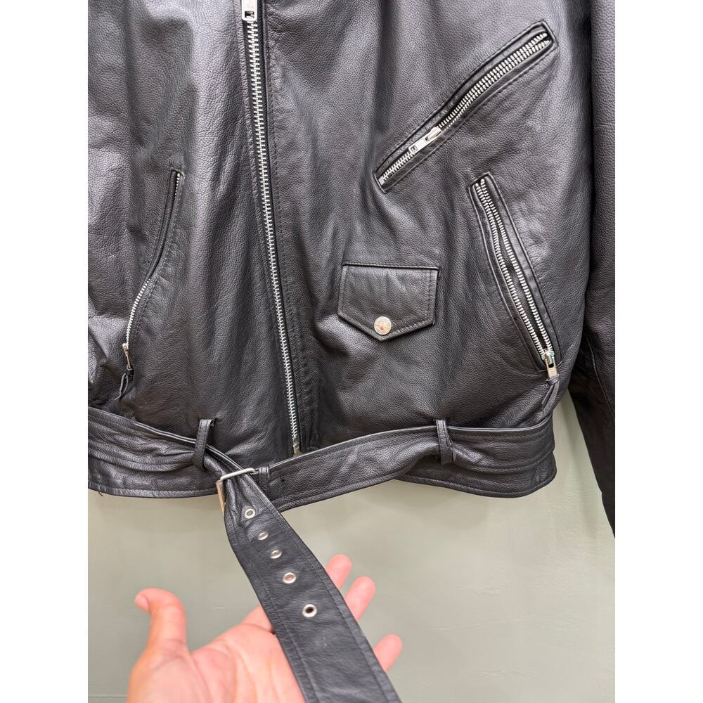 Wilsons Leather XL Black Leather Motorcycle Biker Jacket Belted Moto - Picture 2 of 9